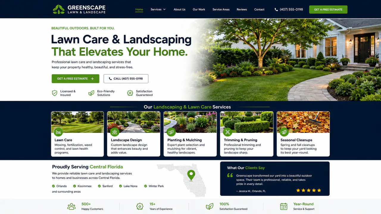 Exemplo de site para landscaping e lawn care.